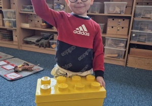 Chłopiec pozuje do zdjęcia z klockami Lego
