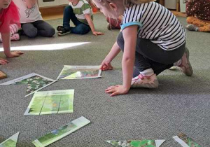 Zosia układa puzzle przedstawiające wiosenne kwiaty