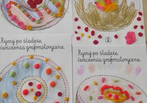 Prace grafomotoryczne przedstawiające pączki o różnym kształcie.