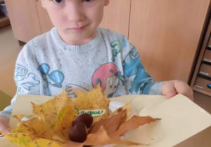 Chłopiec prezentuje gotową kompozycję z liści i kasztanów na papierowym talerzyku