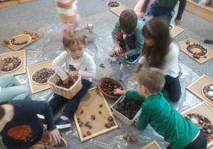 dzieci układają mandale z materiału przyrodniczego
