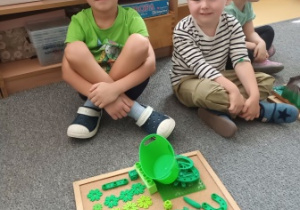 Franio i Bruno prezentują zebranie przez siebie przedmioty w kolorze zielonym