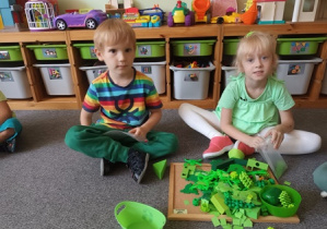 Dziewczynka i chłopiec podczas zabawy tropiącej pt. "Znajdź kolor zielony"