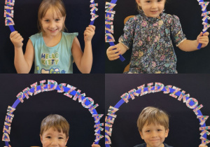 Kolaż zdjęć czterech dzieci, dwóch chłopców i dwóch dziewczynek, każde z nich trzyma nad głową napis dzień przedszkolaka umieszczony na plastikowej obręczy