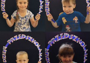 Kolaż zdjęć czterech dzieci, dwóch chłopców i dwóch dziewczynek, każde z nich trzyma nad głową napis dzień przedszkolaka umieszczony na plastikowej obręczy