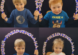 Kolaż zdjęć czterech dzieci, trzech chłopców i jednej dziewczynki, każde z nich trzyma nad głową napis dzień przedszkolaka umieszczony na plastikowej obręczy