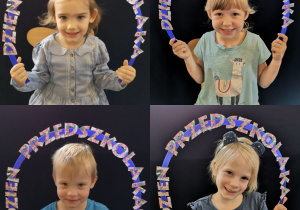 Kolaż zdjęć czterech dzieci, trzech dziewczynek i jednego chłopca, każde z nich trzyma nad głową napis dzień przedszkolaka umieszczony na plastikowej obręczy