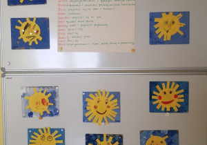 Zdjęcie przedstawia powieszone na tablicy wykonane przez dzieci żółte słoneczka na niebieskim tle oraz wypowiedzi dzieci, co najbardziej lubią robić w przedszkolu