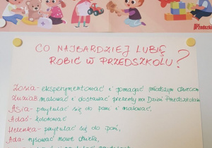 Zdjęcie przedstawia plakat z napisem dzień przedszkolaka i wypowiedzi dzieci, co najbardziej lubią robić w przedszkolu