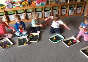 Dzieci na dywanie podczas wykonywania pracy plastycznej przedstawiającej sygnalizator świetlny wypełniają plastikowe kubeczki odpowiednimi kolorami bibuły