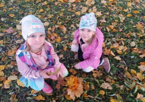 Dziewczynki zbierają liście i układają z nich bukiety