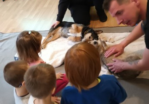 Wolontariusz pokazuje dzieciom, w jaki sposób sprawdzać stan skóry psa