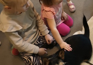 Dziewczynki podczas warsztatów głaszczą psa
