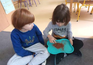 Chłopcy siedzą na dywanie i palcami badają strukturę kakao