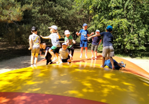 dzieci skaczą na trampolinie