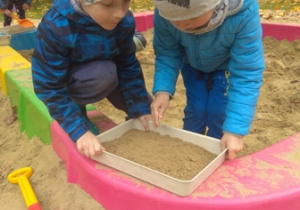 Dwóch chłopców przesypuje piasek z piaskownicy do pojemnika jako przygotowanie makiety lasu.