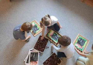 Dzieci na dywanie układają ramki do portretu Marii Montessori z materiału przyrodnicznego