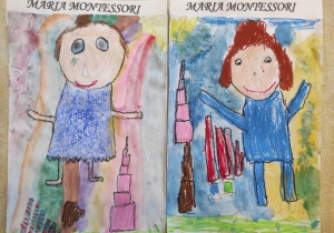 Portrety Marii Montessori namalowane przez dzieci.