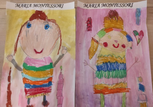 Portrety Marii Montessori namalowane przez dzieci.