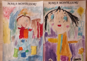 Portrety Marii Montessori namalowane przez dzieci.
