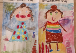 Portrety Marii Montessori namalowane przez dzieci.