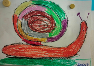 ślimak namalowany pastelami na wystawie naszej grupy