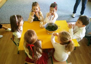 Dzieci próbują, jak smakują liści szpinaku