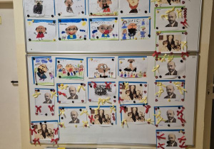 Prace plastyczne - Janusz Korczak powieszone na tablicy oraz obrazki i podpisy przedstawiające prawa dziecka