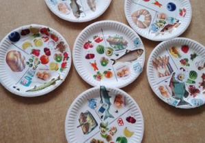 Talerzyki przedstawiające węglowodany, białka oraz owoce i warzywa