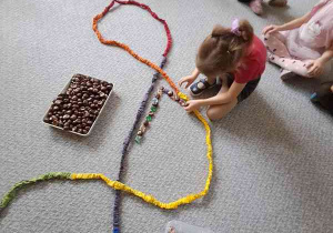 Dziewczynka w czasie ćwiczenia ciszy dokłada kasztany w zaznaczoną SIgumą przestrzeń na dywanie