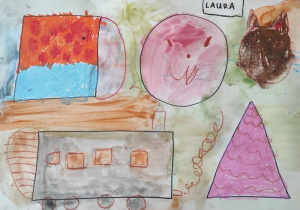 Praca plastyczna przedstawiająca przekształcone figury geometryczne wg własnego pomysłu dziecka.