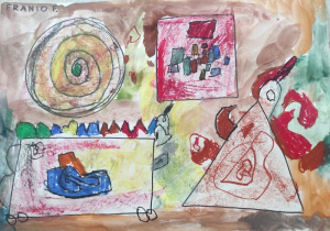 Praca plastyczna przedstawiająca przekształcone figury geometryczne wg własnego pomysłu dziecka.