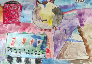 Praca plastyczna przedstawiająca przekształcone figury geometryczne wg własnego pomysłu dziecka.