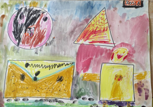 Praca plastyczna przedstawiająca przekształcone figury geometryczne wg własnego pomysłu dziecka.