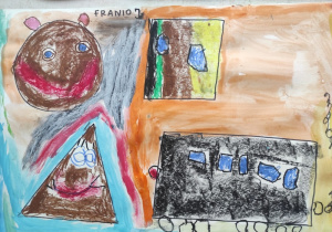 Praca plastyczna przedstawiająca przekształcone figury geometryczne wg własnego pomysłu dziecka.