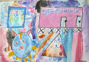 Praca plastyczna przedstawiająca przekształcone figury geometryczne wg własnego pomysłu dziecka.