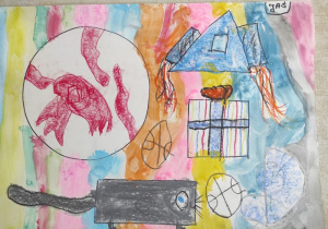 Praca plastyczna przedstawiająca przekształcone figury geometryczne wg własnego pomysłu dziecka.