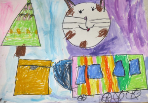 Praca plastyczna przedstawiająca przekształcone figury geometryczne wg własnego pomysłu dziecka.