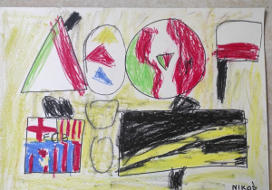 Praca plastyczna przedstawiająca przekształcone figury geometryczne wg własnego pomysłu dziecka.