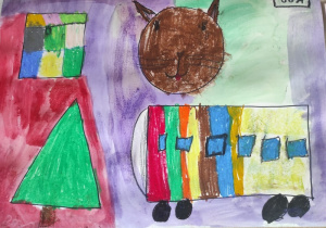 Praca plastyczna przedstawiająca przekształcone figury geometryczne wg własnego pomysłu dziecka.