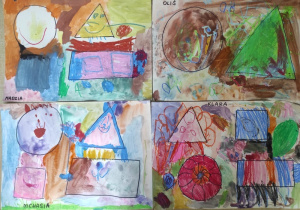 Praca plastyczna przedstawiająca przekształcone figury geometryczne wg pomysłu dzieci.