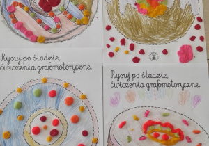 Prace grafomotoryczne przedstawiające pączki o różnym kształcie.