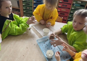 Dzieci łączą ziarna za pomocą smalca przygotowując "pączki dla ptaków"