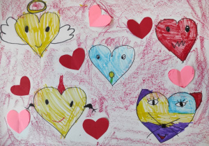 Praca plastyczna: przekształcanie serduszek według inicjatywy dziecka.