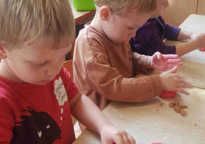 Dzieci ozdabiają wytwory z masy solnej pestkami śliwki
