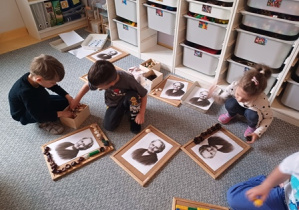 Dzieci siedzą na dywanie i układają materiał przyrodniczy wokół zdjęcia M. Montessori