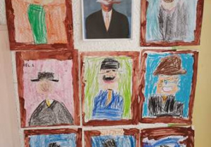 Galeria ukończonych rysunków dzieci zainspirowana obrazem "Mężczyzna w meloniku" Magritte