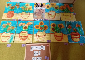 Reprodukcje obrazu "Słoneczniki" Vincenta Van Gogha - namalowane przez dzieci